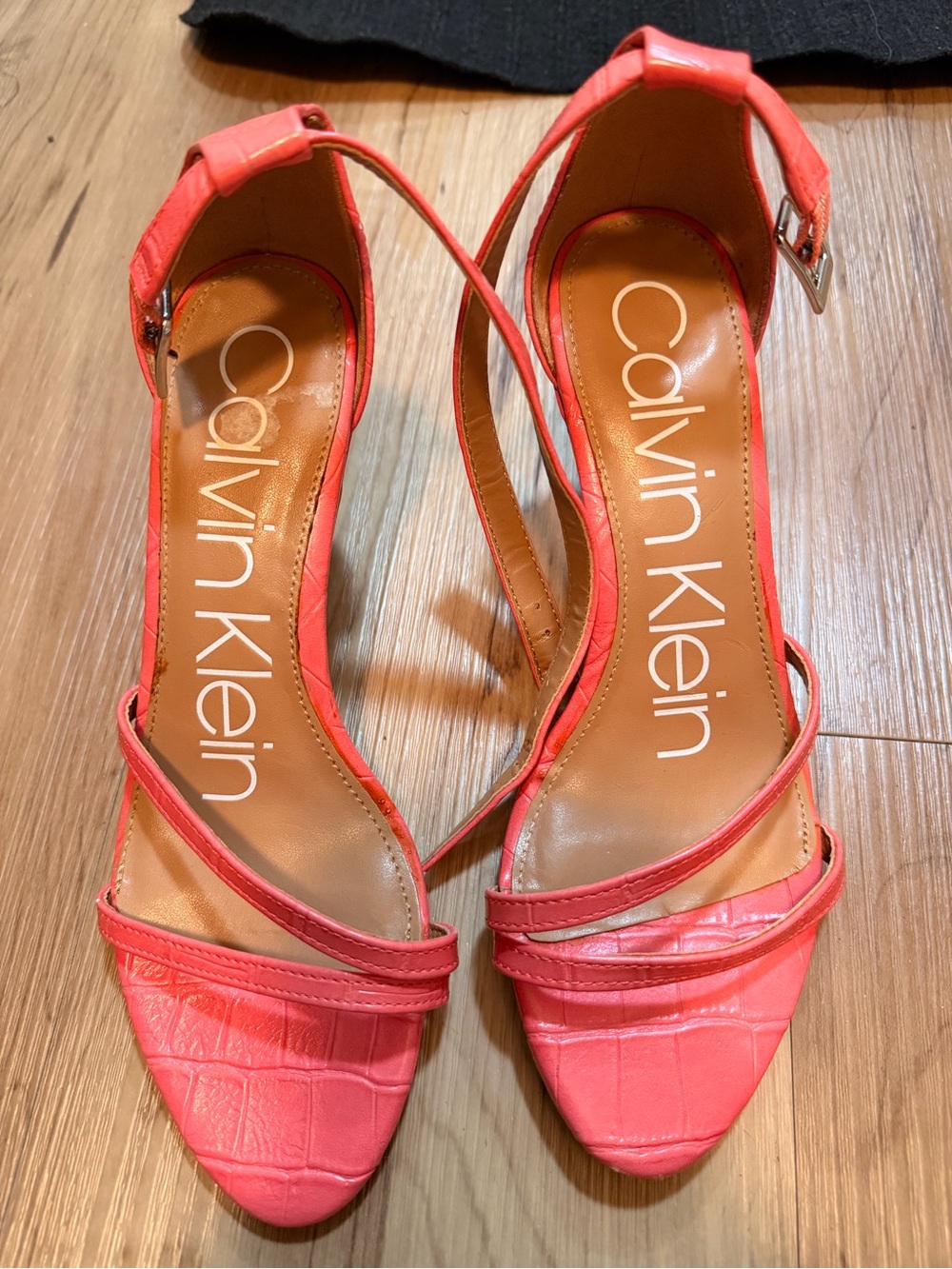 Calvin Klein Pink Croc-Embossed Strappy Heels